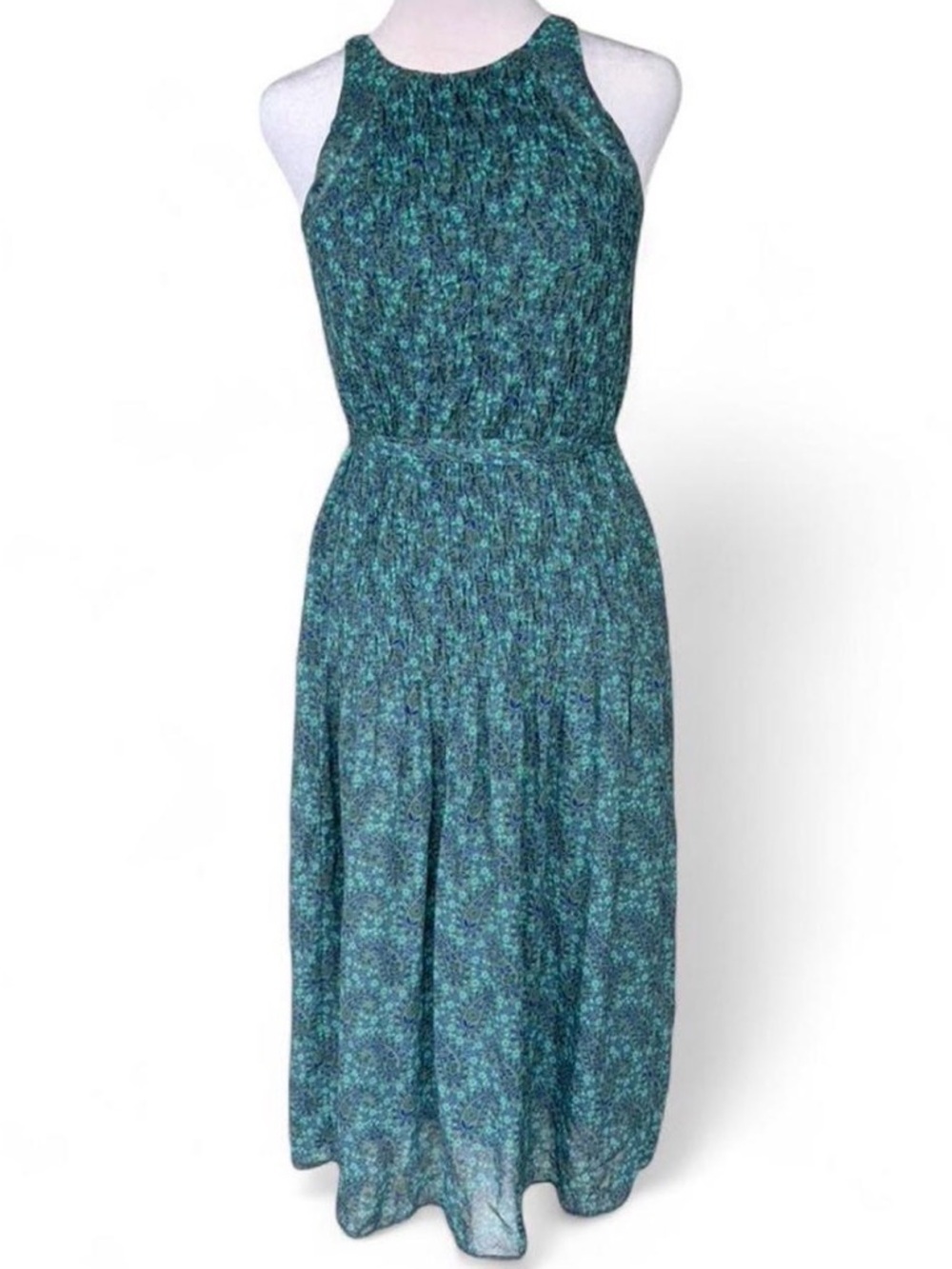 Joie Teal & Navy Floral Halter Maxi 100% Silk Dress